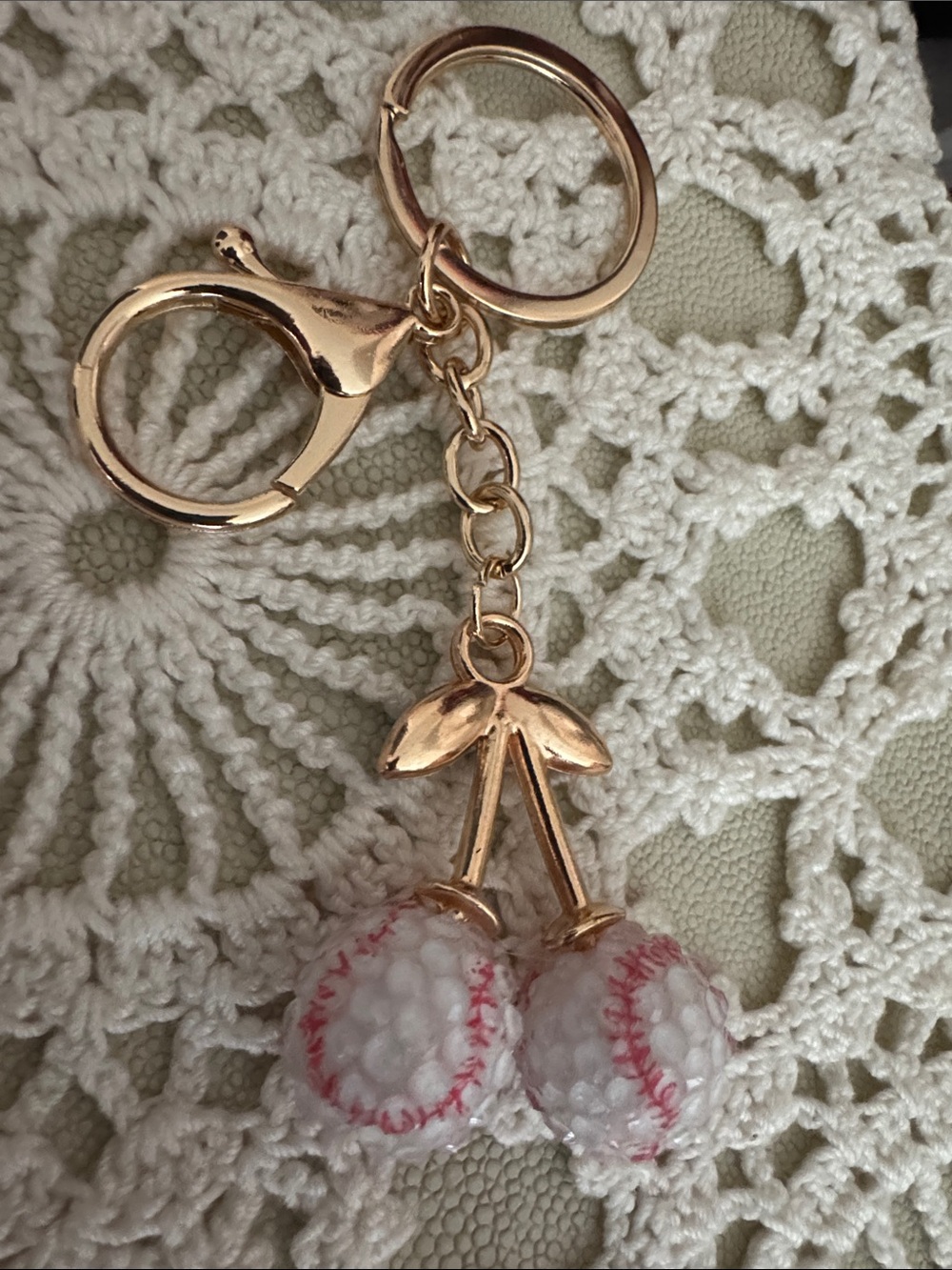 Baseball Gold Cherry Keychain with White & Pink Beaded Charms - Picture 2 of 4